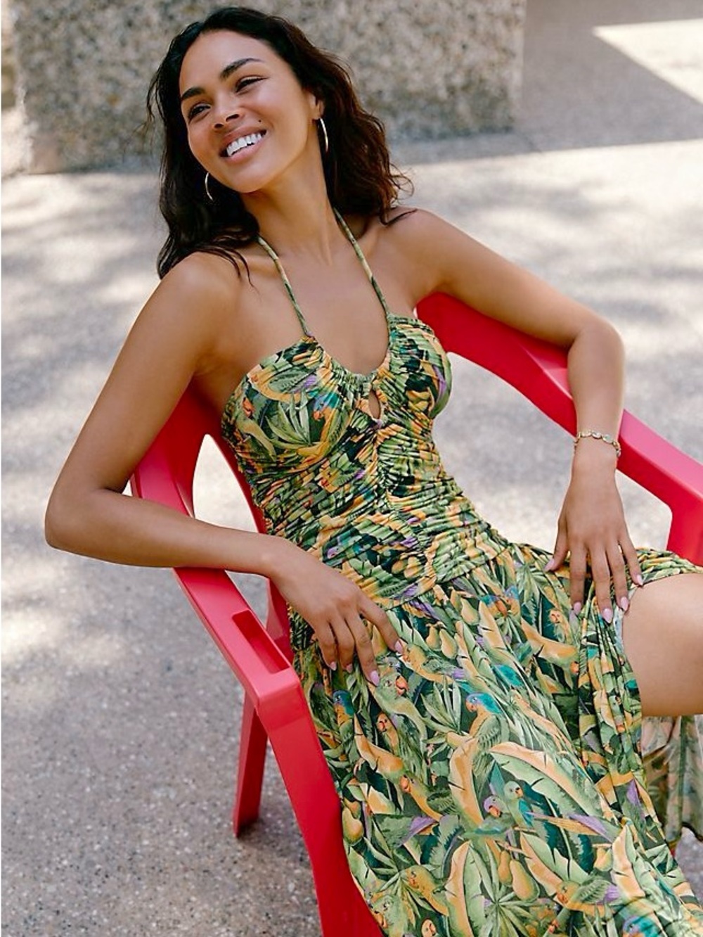 FARM Rio Strapless Tropical Midi Dress in Green and Yellow Print